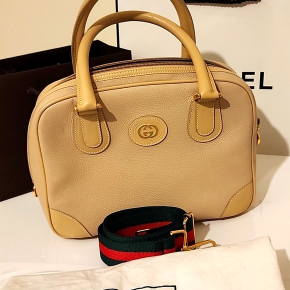 Rare! GUCCI Crossbody Satchel Boston Bag 2-Tone Beige Calfskin +Green Red Strap - Picture 10 of 16